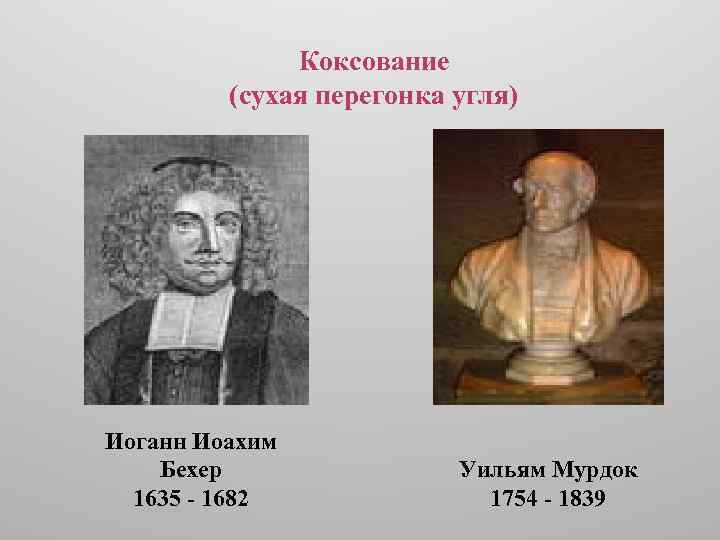 Коксование (сухая перегонка угля) Иоганн Иоахим Бехер 1635 - 1682 Уильям Мурдок 1754 -