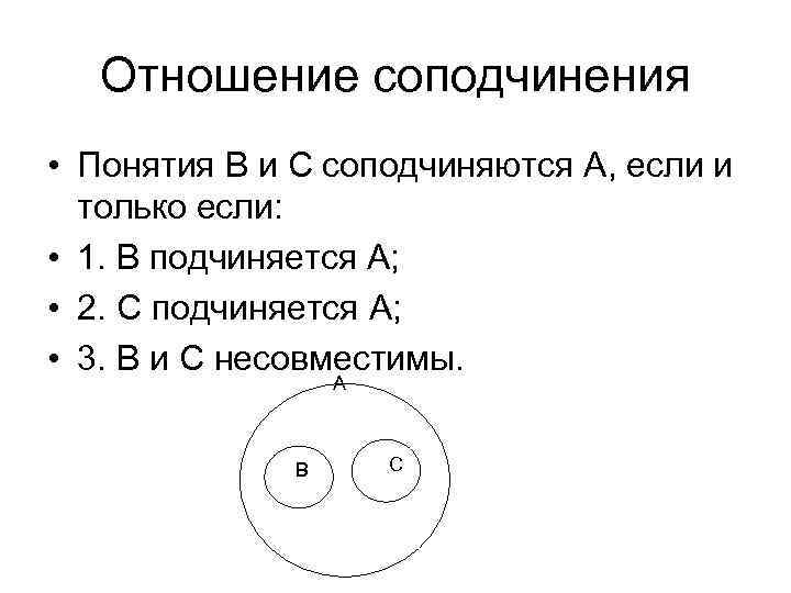 Отношение соподчинения • Понятия В и С соподчиняются А, если и только если: •