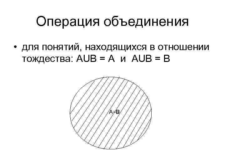 Операция объединения • для понятий, находящихся в отношении тождества: AUB = A и AUB