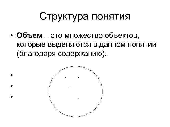 Структура понятия • Объем – это множество объектов, которые выделяются в данном понятии (благодаря