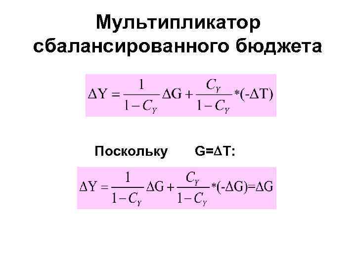Мультипликатор сбалансированного бюджета Поскольку G= T: 