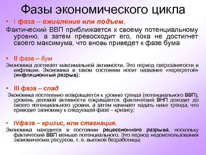 Фазы экономического цикла • I фаза – оживление или подъем. Фактический ВВП приближается к