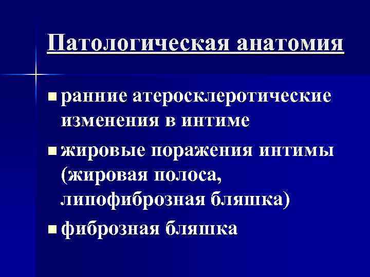 Патологическая анатомия n ранние атеросклеротические изменения в интиме n жировые поражения интимы (жировая полоса,