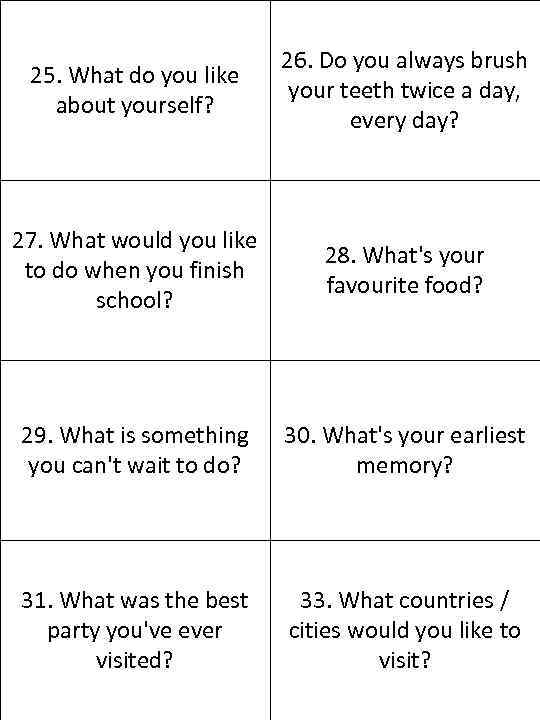 25. What do you like about yourself? 26. Do you always brush your teeth