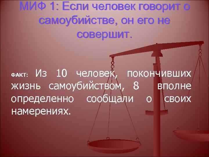 МИФ 1: Если человек говорит о самоубийстве, он его не совершит. Из 10 человек,