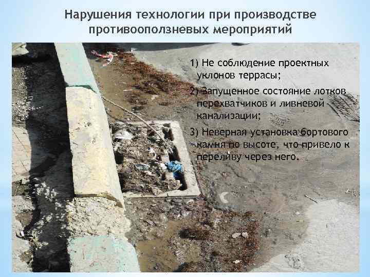 Нарушения технологии производстве противооползневых мероприятий 1) Не соблюдение проектных уклонов террасы; 2) Запущенное состояние