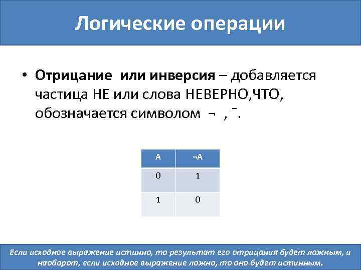 Логические операции • Отрицание или инверсия – добавляется частица НЕ или слова НЕВЕРНО, ЧТО,