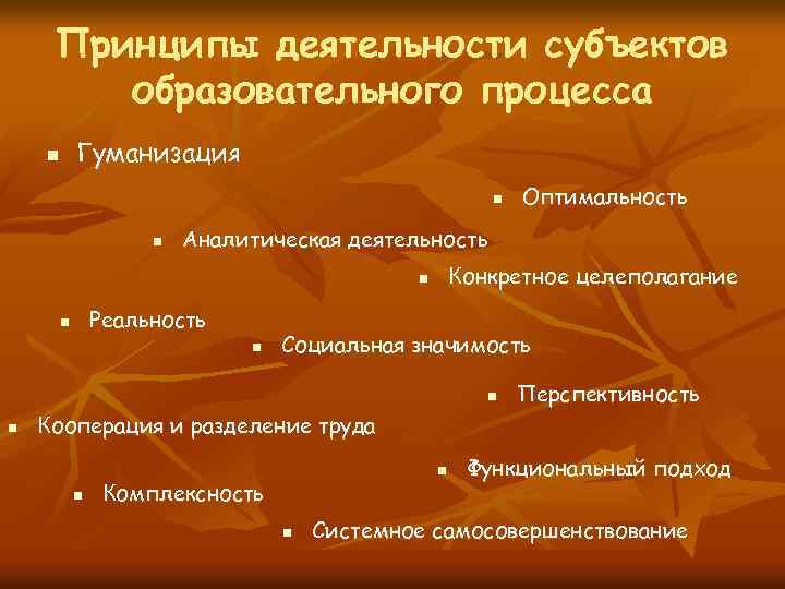 Принципы деятельности субъектов образовательного процесса Гуманизация n n n Аналитическая деятельность Конкретное целеполагание n