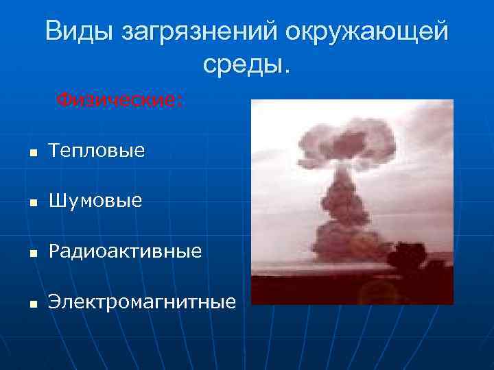 Виды загрязнений окружающей среды. Физические: n Тепловые n Шумовые n Радиоактивные n Электромагнитные 