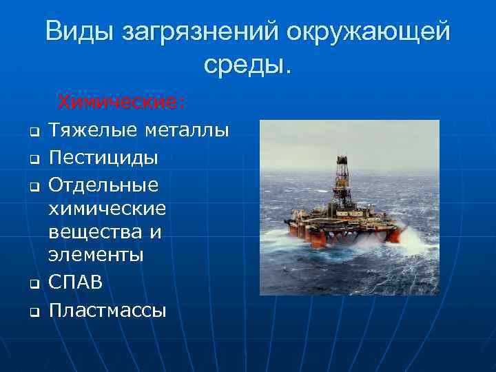 Виды загрязнений окружающей среды. q q q Химические: Тяжелые металлы Пестициды Отдельные химические вещества