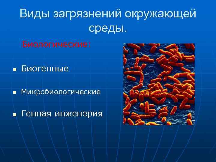 Виды загрязнений окружающей среды. Биологические: n Биогенные n Микробиологические n Генная инженерия 