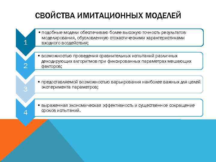 СВОЙСТВА ИМИТАЦИОННЫХ МОДЕЛЕЙ 1 • подобные модели обеспечиваю более высокую точность результатов моделирования, обусловленную