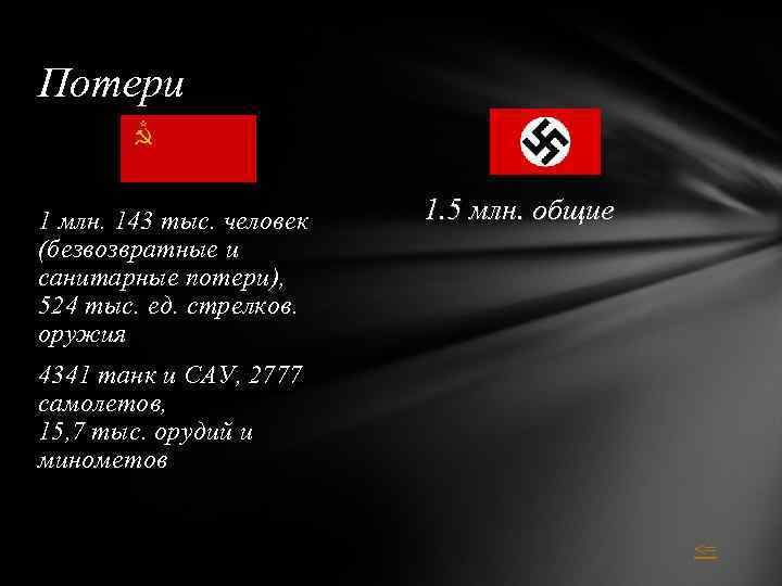 Потери 1 млн. 143 тыс. человек (безвозвратные и санитарные потери), 524 тыс. ед. стрелков.