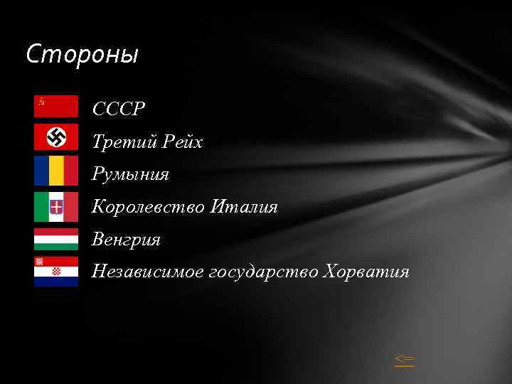 Стороны СССР Третий Рейх Румыния Королевство Италия Венгрия Независимое государство Хорватия <= 