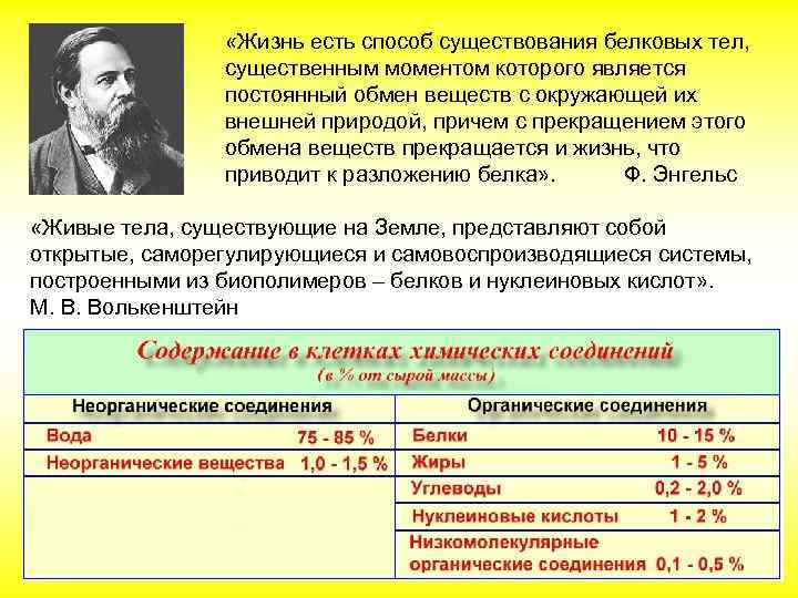  «Жизнь есть способ существования белковых тел, существенным моментом которого является постоянный обмен веществ