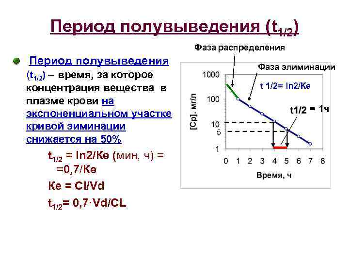 Период полувыведения (t 1/2) Фаза распределения Период полувыведения (t 1/2) – время, за которое