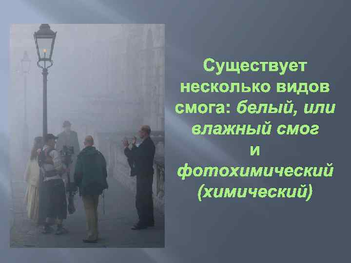 Существует несколько видов смога: белый, или влажный смог и фотохимический (химический) 