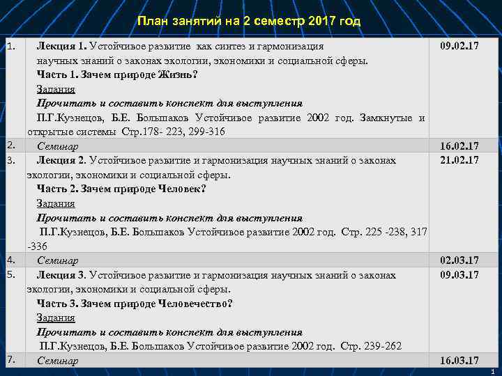 План занятий на 2 семестр 2017 год 1. 2. 3. 4. 5. 7. Лекция