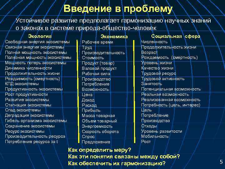 Введение в проблему Устойчивое развитие предполагает гармонизацию научных знаний о законах в системе природа-общество-человек