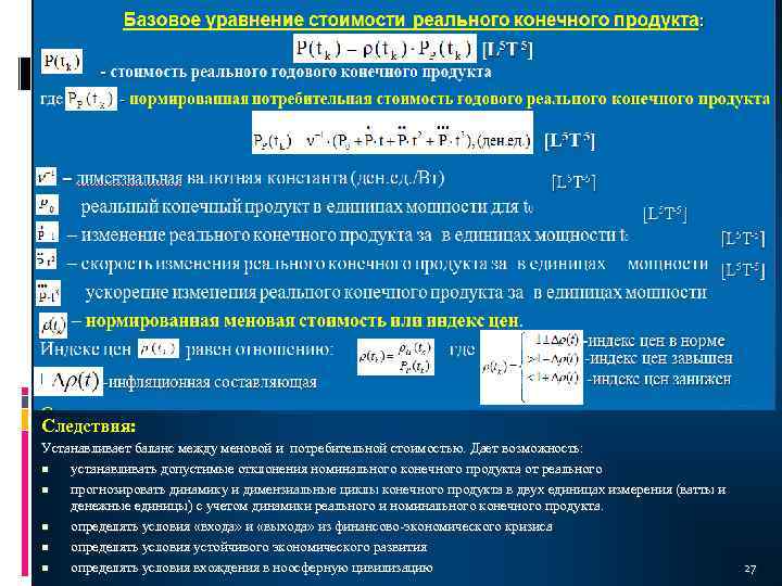 Следствия: Устанавливает баланс между меновой и потребительной стоимостью. Дает возможность: n устанавливать допустимые отклонения