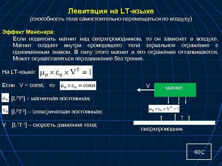 Левитация на LT-языке (способность тела самостоятельно перемещаться по воздуху) Эффект Мейснера: Если подвесить магнит