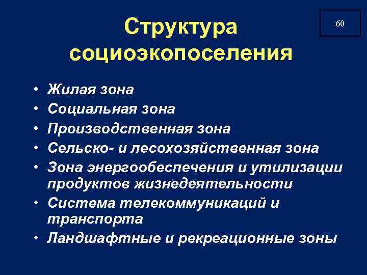 Структура социоэкопоселения • • • 60 Жилая зона Социальная зона Производственная зона Сельско- и