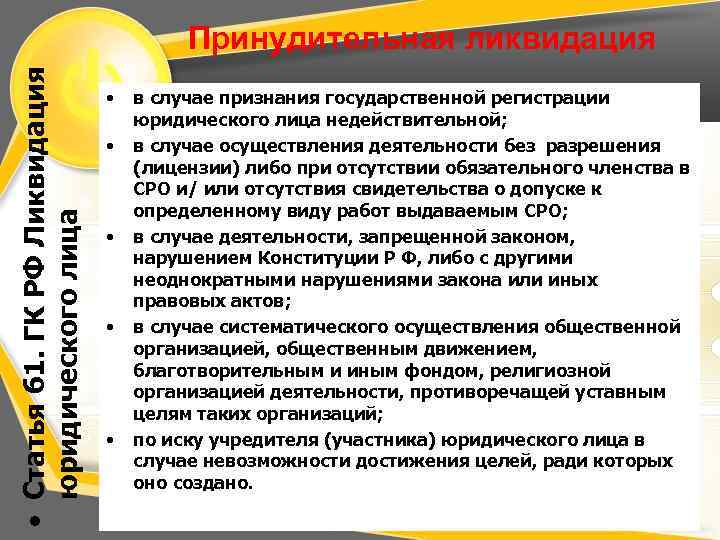  • Статья 61. ГК РФ Ликвидация юридического лица Принудительная ликвидация • • •