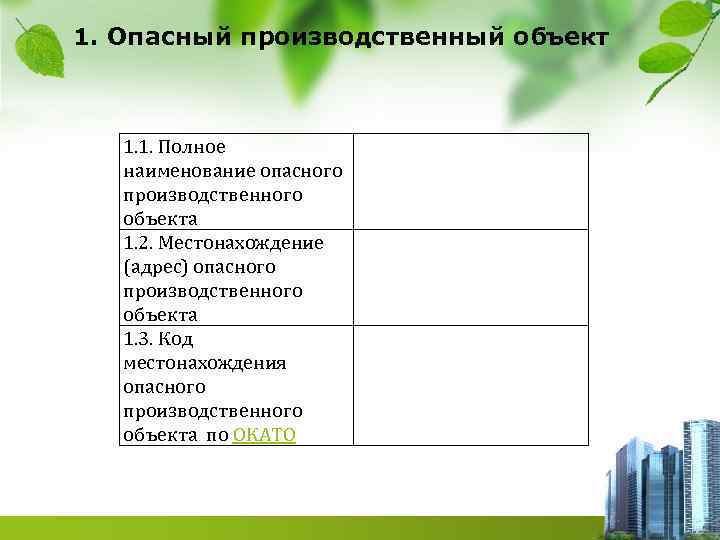1. Опасный производственный объект 1. 1. Полное наименование опасного производственного объекта 1. 2. Местонахождение