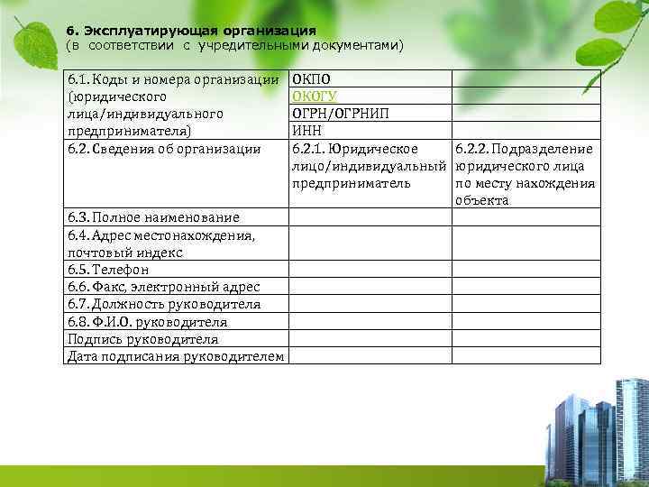 6. Эксплуатирующая организация (в соответствии с учредительными документами) 6. 1. Коды и номера организации