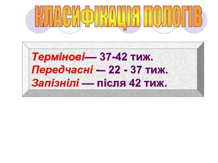 Термінові–– 37 -42 тиж. Передчасні -– 22 - 37 тиж. Запізнілі –– після 42