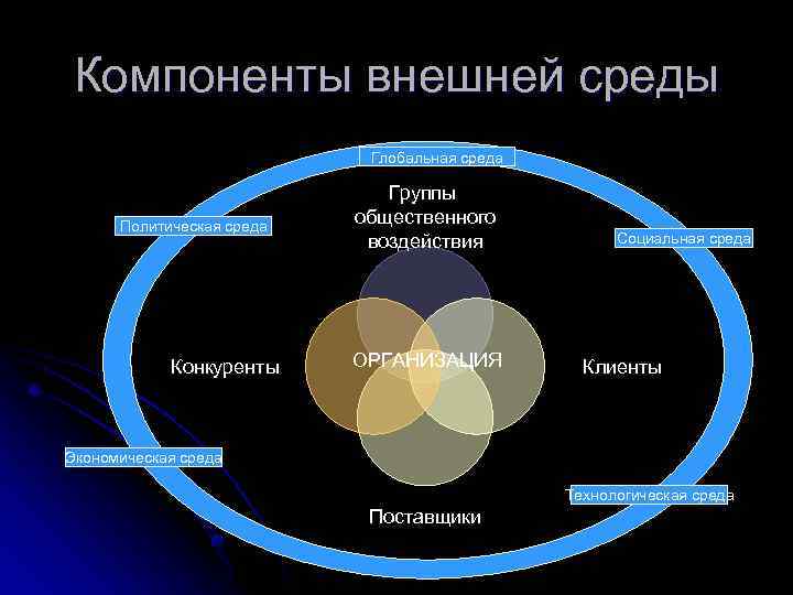 Компоненты внешней среды Глобальная среда Политическая среда Конкуренты Группы общественного воздействия ОРГАНИЗАЦИЯ Социальная среда