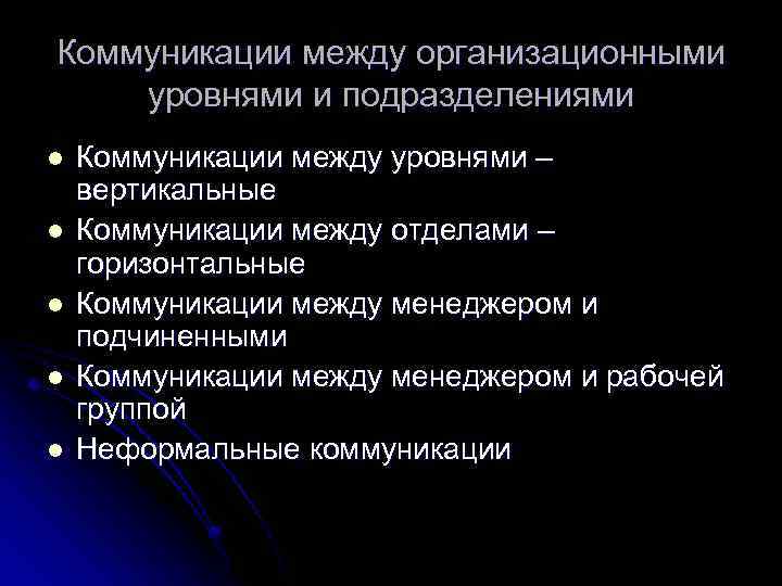 Коммуникации между организационными уровнями и подразделениями l l l Коммуникации между уровнями – вертикальные