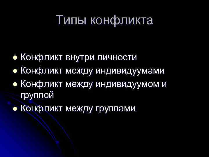 Типы конфликта Конфликт внутри личности l Конфликт между индивидуумами l Конфликт между индивидуумом и