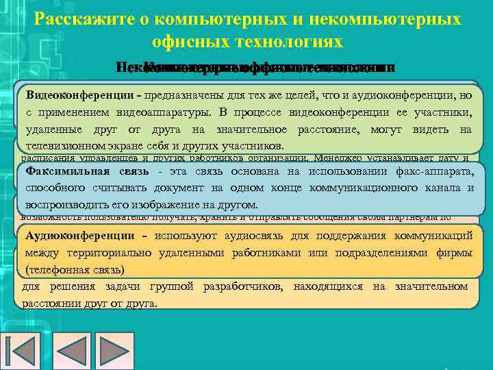 Расскажите о компьютерных и некомпьютерных офисных технологиях Некомпьютерные офисные технологии Компьютерные офисные технологии Аудиопочта