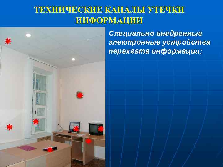 ТЕХНИЧЕСКИЕ КАНАЛЫ УТЕЧКИ ИНФОРМАЦИИ Специально внедренные электронные устройства перехвата информации; 