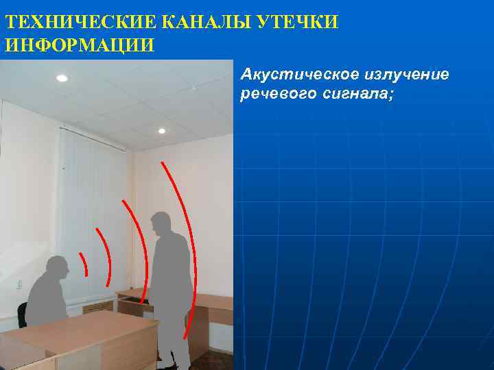 ТЕХНИЧЕСКИЕ КАНАЛЫ УТЕЧКИ ИНФОРМАЦИИ Акустическое излучение речевого сигнала; 