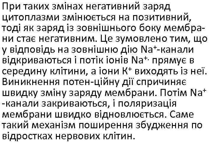 При таких змінах негативний заряд цитоплазми змінюється на позитивний, тоді як заряд із зовнішнього