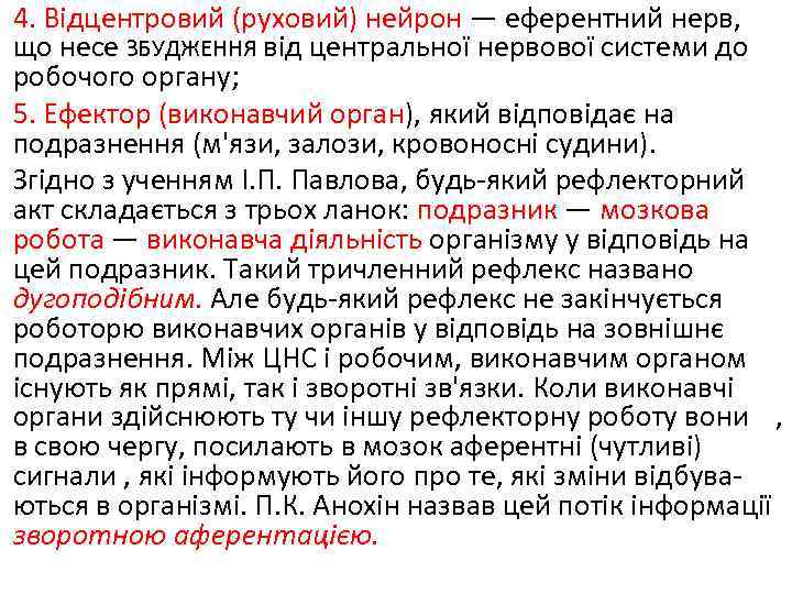 4. Відцентровий (руховий) нейрон — еферентний нерв, що несе ЗБУДЖЕННЯ від центральної нервової системи