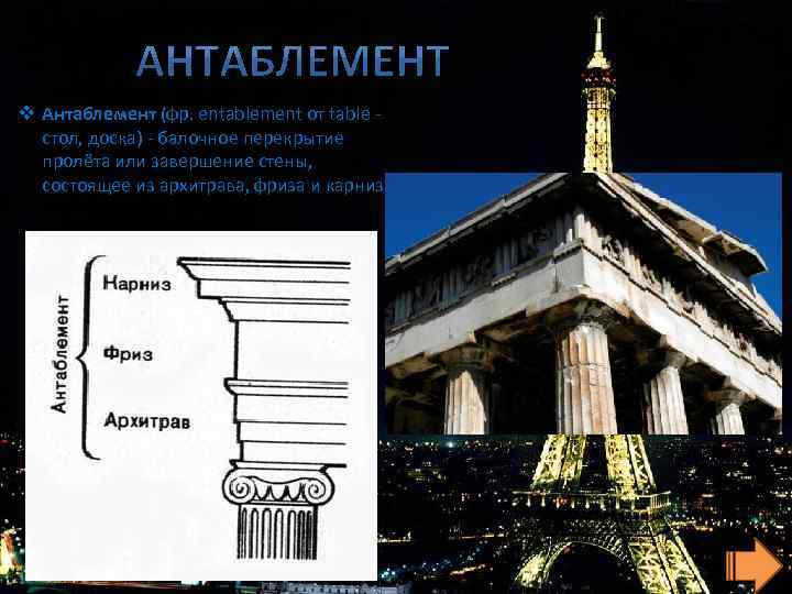 v Антаблемент (фр. entablement от table стол, доска) - балочное перекрытие пролёта или завершение