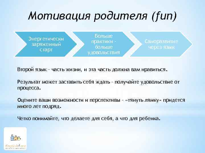 Мотивация родителя (fun) Энергетически заряженный старт Больше практики больше удовольствия Саморазвитие через язык Второй