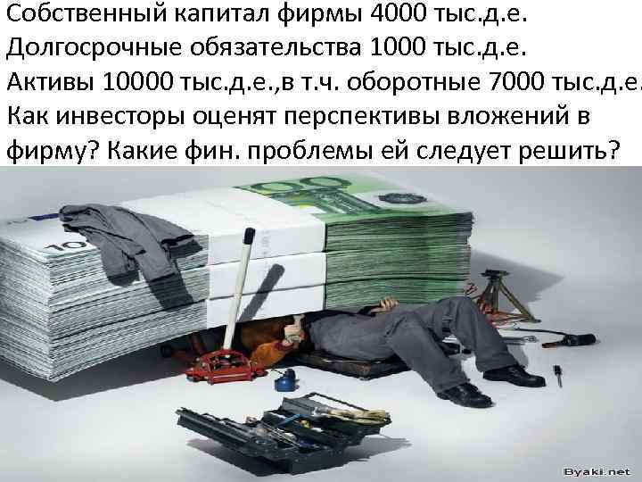 Собственный капитал фирмы 4000 тыс. д. е. Долгосрочные обязательства 1000 тыс. д. е. Активы