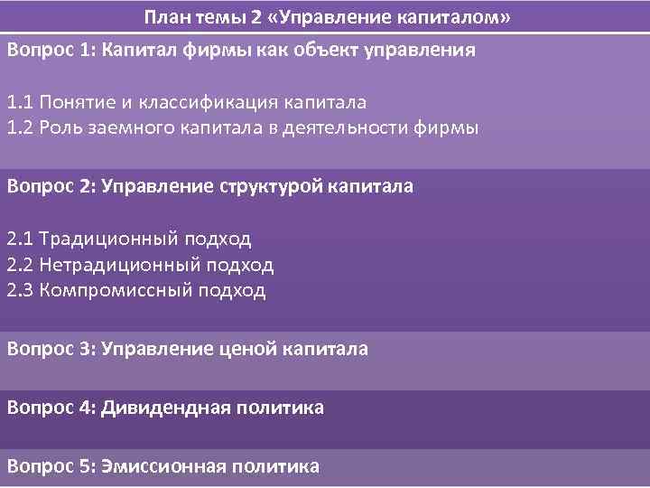 План темы 2 «Управление капиталом» Вопрос 1: Капитал фирмы как объект управления 1. 1