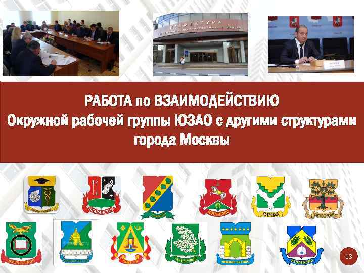 РАБОТА по ВЗАИМОДЕЙСТВИЮ Окружной рабочей группы ЮЗАО с другими структурами города Москвы 13 