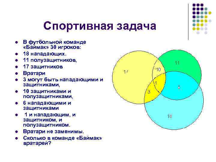 Спортивная задача l l l В футбольной команде «Баймак» 30 игроков: 18 нападающих. 11
