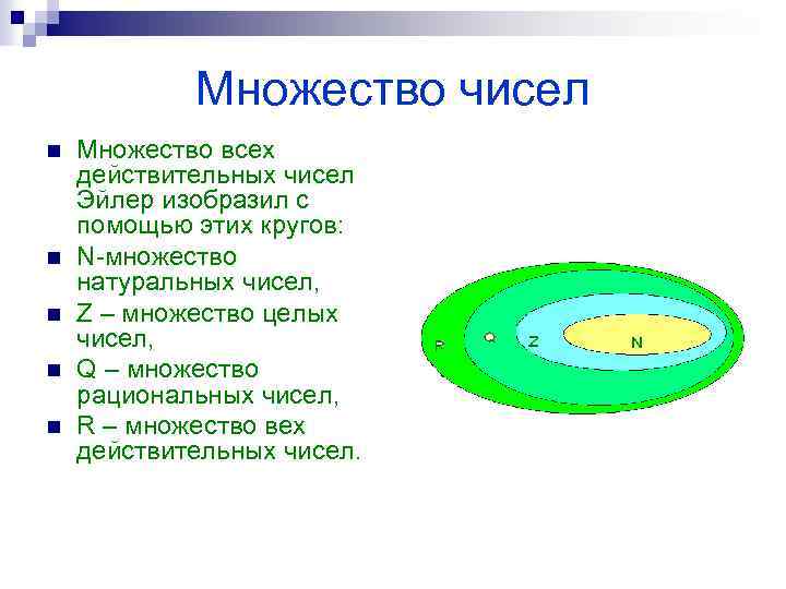 Множество чисел n n n Множество всех действительных чисел Эйлер изобразил с помощью этих