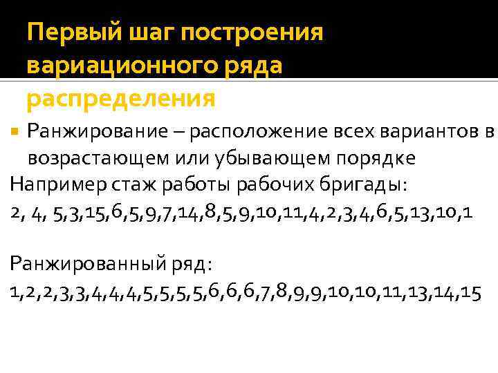 Первый шаг построения вариационного ряда распределения Ранжирование – расположение всех вариантов в возрастающем или