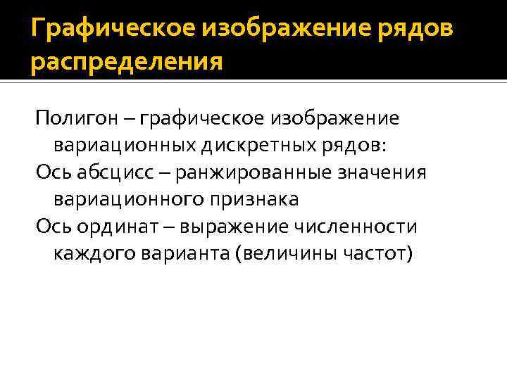 Графическое изображение рядов распределения Полигон – графическое изображение вариационных дискретных рядов: Ось абсцисс –