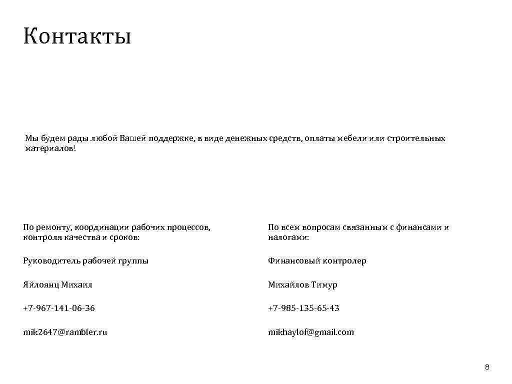 Контакты Мы будем рады любой Вашей поддержке, в виде денежных средств, оплаты мебели или