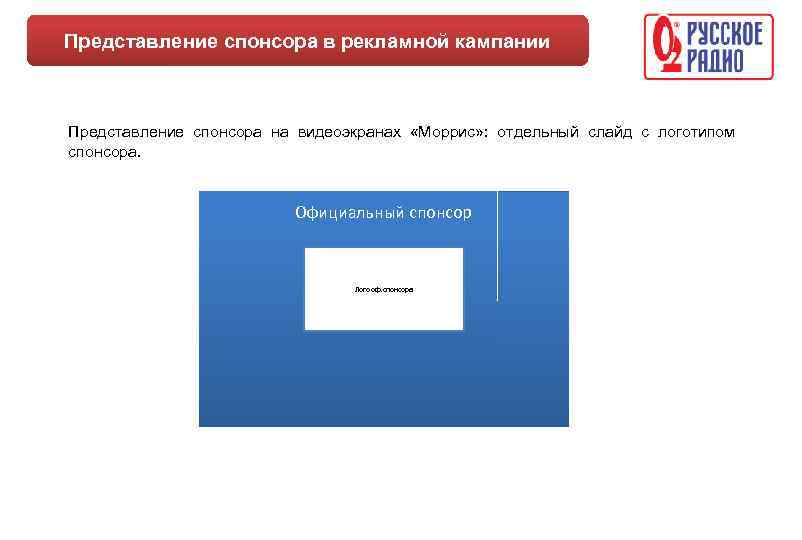 Представление спонсора в рекламной кампании Представление спонсора на видеоэкранах «Моррис» : отдельный слайд с