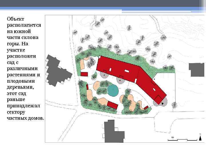 Объект располагается на южной части склона горы. На участке расположен сад с различными растениями